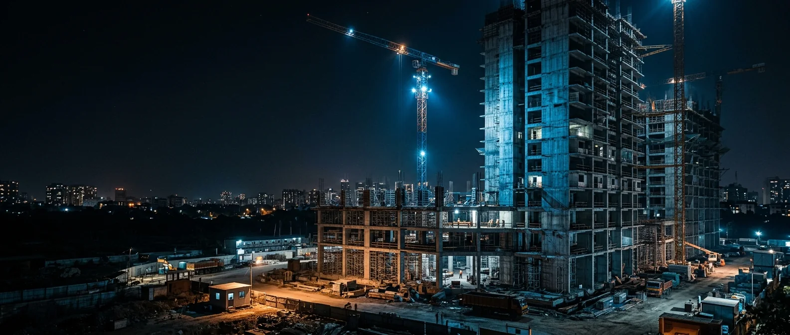 Construction project at night managed through SA100
